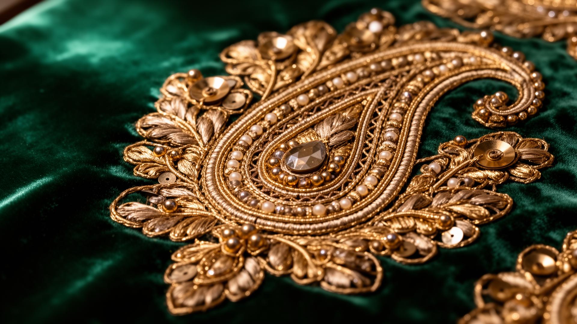 Hand-embroidered gold zardozi paisley on deep emerald velvet